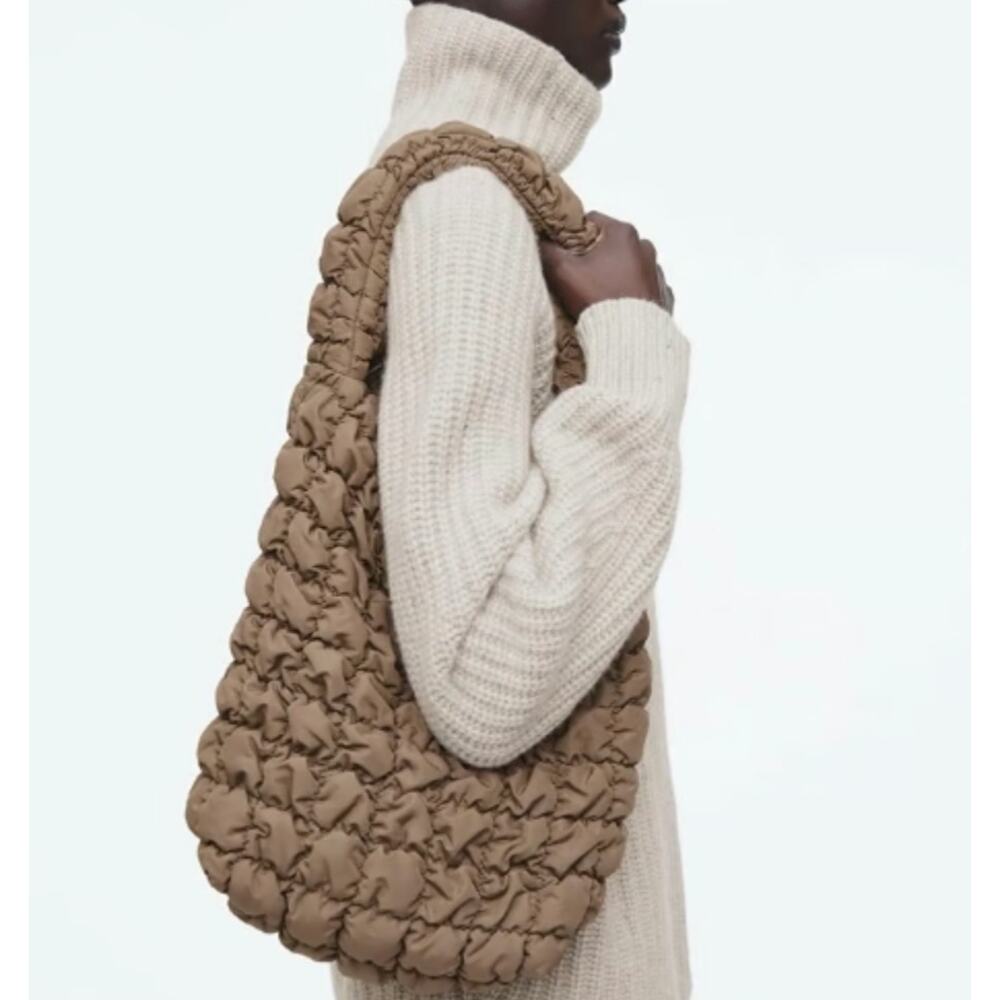 COS Dark Mole Quilted Pillowy Padded Mini Tote Bag Handbag
